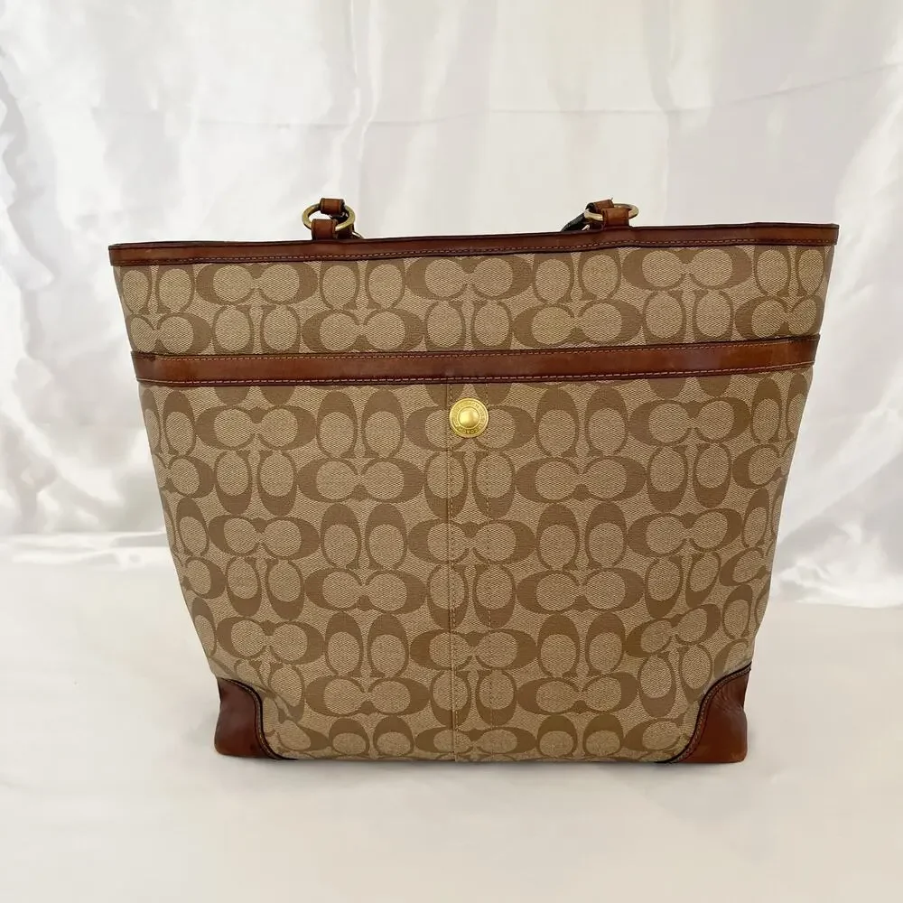 COACH Signature Heritage Stripe Tote Shoulder Bag Coated Canvas Leather - Picture 3 of 11